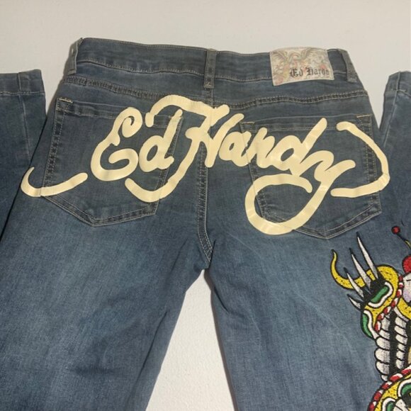 Vintage Ed Hardy Skull & Serpent Embroidered Low Rise Y2K Grail Jeans Size 26 - Picture 2 of 16